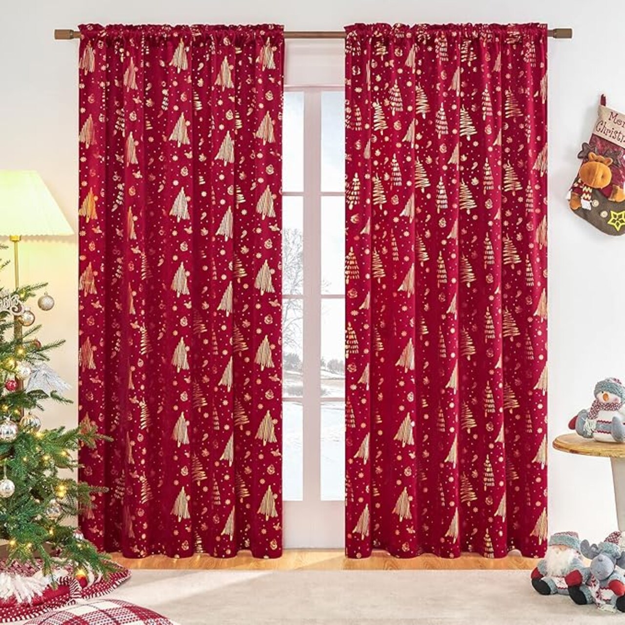 Red Christmas Decorative Indoor Holiday Curtains for livingroom 84 inches Length, Xmas Gift Decorations Blackout Rod Pocket Velvet Christmas Drapes for Bedroom cortinas de Navidad 2 Panels